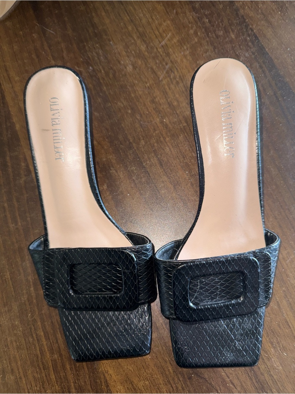 Olivia Miller Black Textured Slide Mules with Buckle Accent
